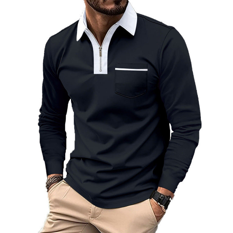 Herren nan elegantes Langarm-Poloshirt mit markantem Stehkragen Metall-Kurzreißverschluss und Brustleistentasche Drune