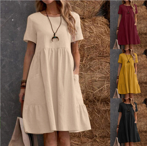 Damen Lockeres Baumwollkleid mit Taschen und Volant Drune