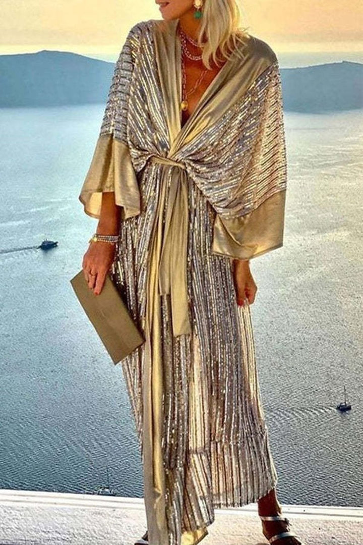 Damen Glitzerndes Maxikleid mit elegantem Wickeldesign und fließenden Ärmeln Drune