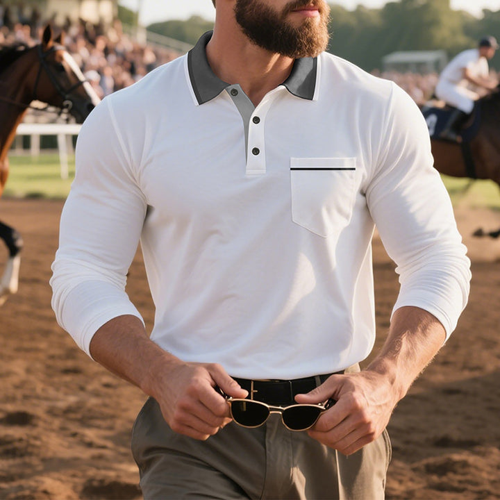 Herren nan langärmeliges Polohemd mit Kontrastkragen, Brusttasche und feinem Baumwollstretch Drune