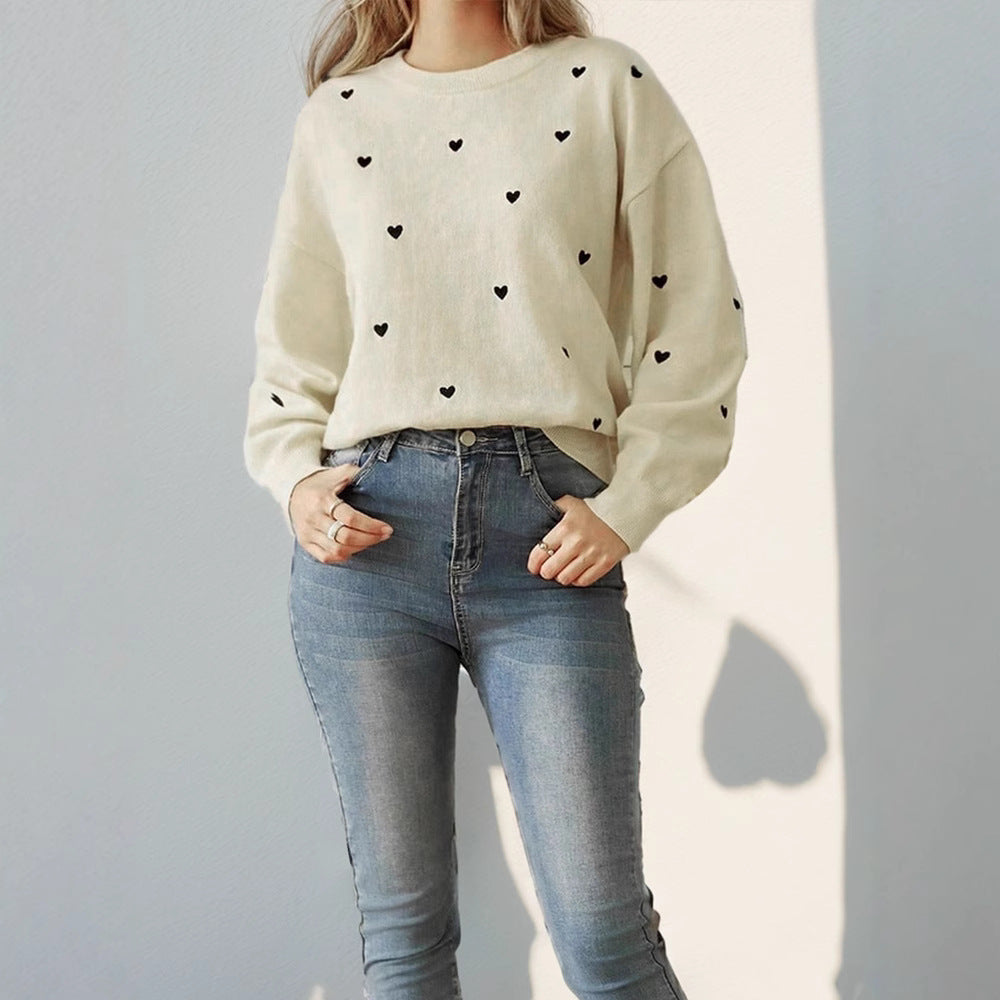 Damen Lockerer Feinstrickpullover mit Herzchen-Allover, Rundhalsausschnitt und elastischem Saum Drune