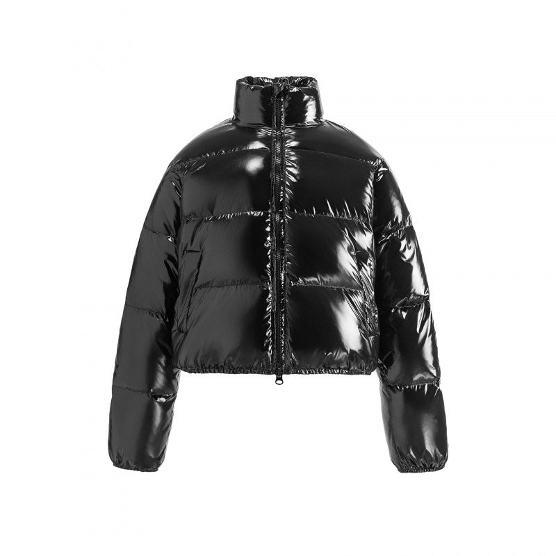 Damen Kurz geschnittene glänzende Steppjacke im Cropped‑Fit mit hohem Stehkragen Drune