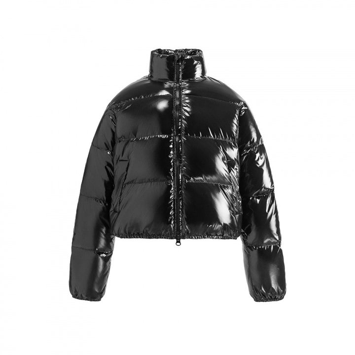Damen Kurz geschnittene glänzende Steppjacke im Cropped‑Fit mit hohem Stehkragen Drune