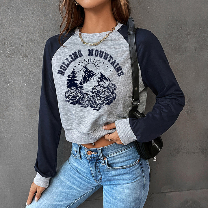 Damen Cropped Raglan-Sweatshirt mit Bergmotiv, Rippbündchen und lockerer Passform Drune