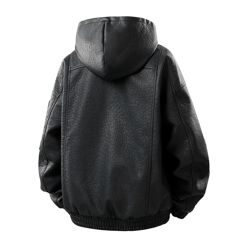 Herren Kunstleder-Bomberjacke mit Teddyfutter, Kapuze und Utility-Ärmeltasche Drune