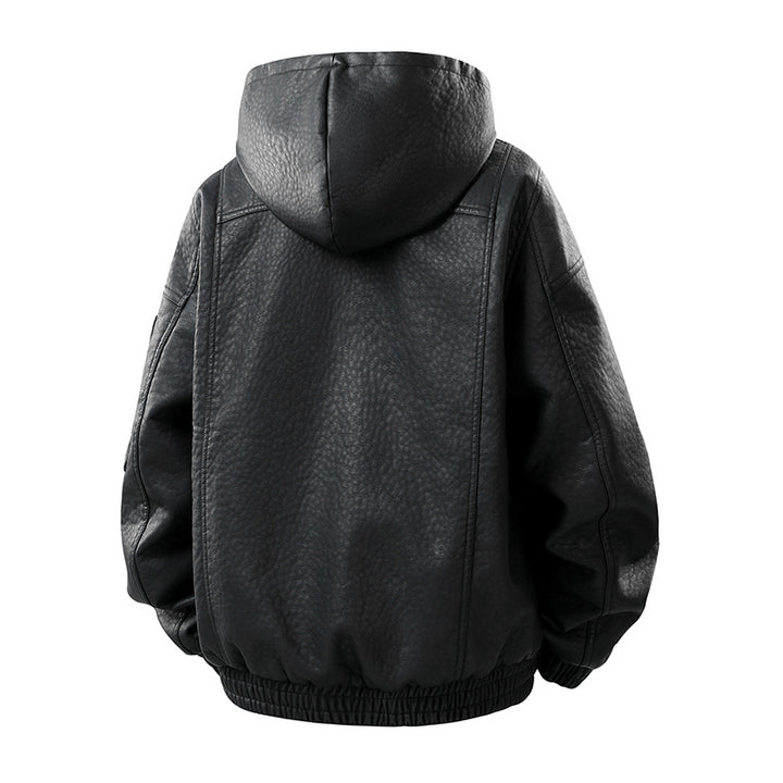 Herren Kunstleder-Bomberjacke mit Teddyfutter, Kapuze und Utility-Ärmeltasche Drune