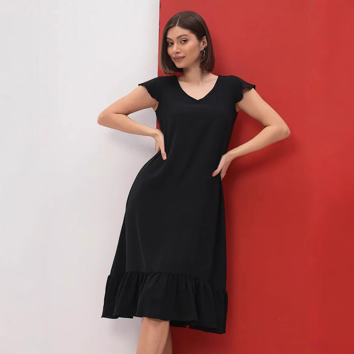 Damen Midi-Kleid mit modischem V-Ausschnitt und Rüschensaum Drune