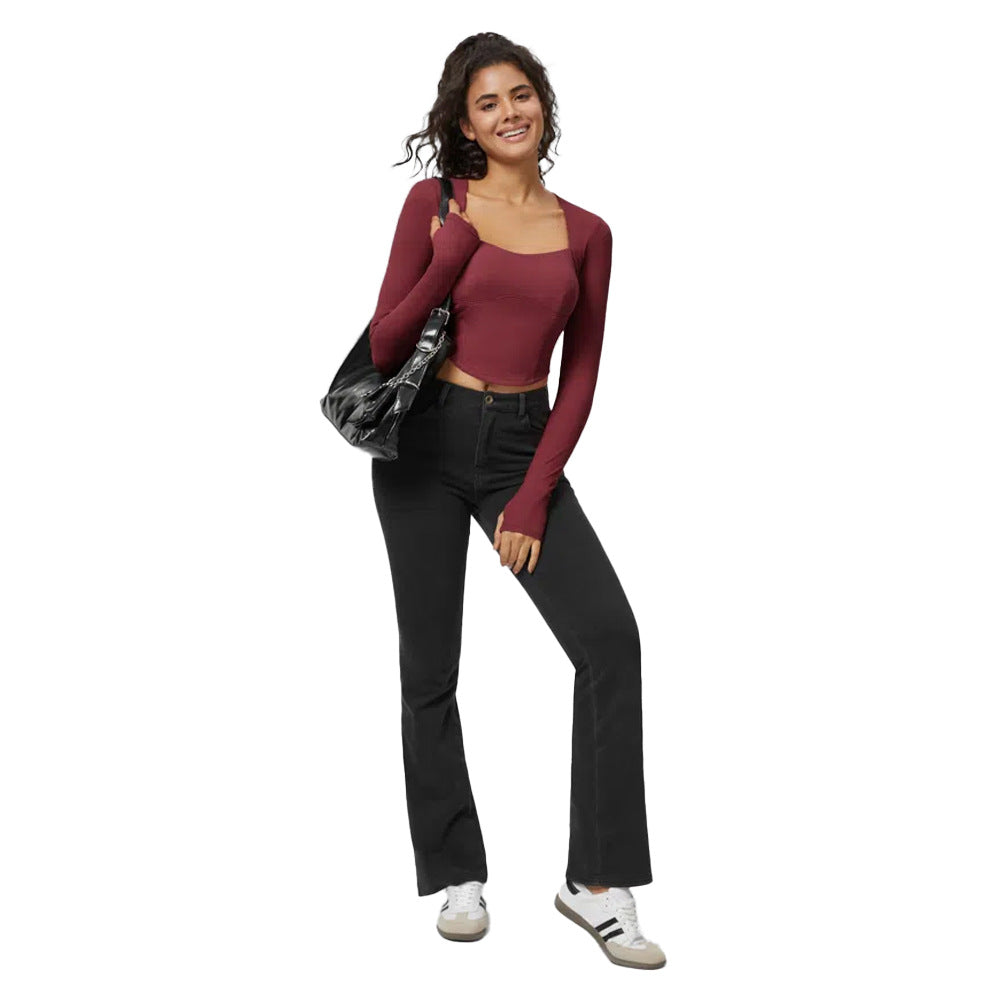 Damen figurbetontes Langarm-Crop-Top mit quadratischem Ausschnitt und feinem Rippmaterial Drune