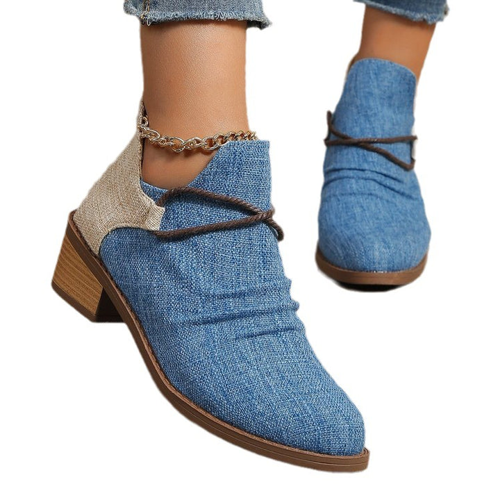 Damen Kurzstiefelette mit Leoparden-Print, Canvas-Obermaterial, dekorativem Flechtriemen und niedrigem Blockabsatz Drune