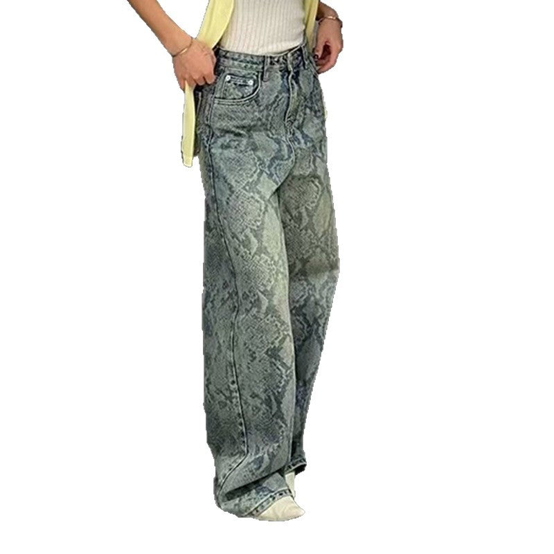 Damen nan hochgeschnittene Jeans mit Schlangenprint, weitem Bein und geradem Schnitt Drune