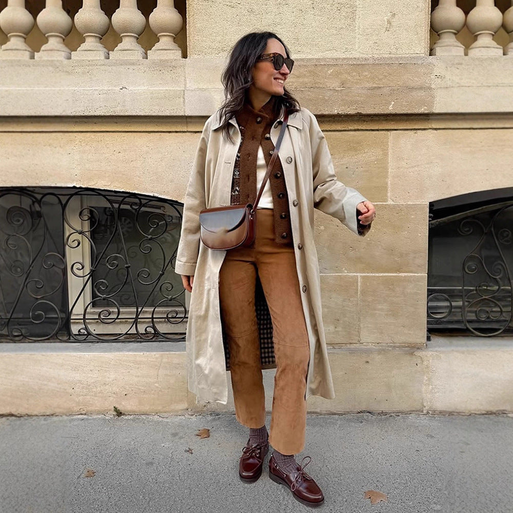 Damen Maxilanger Trenchcoat mit Karofutter, weitem Fall & klassischer Knopfleiste Drune