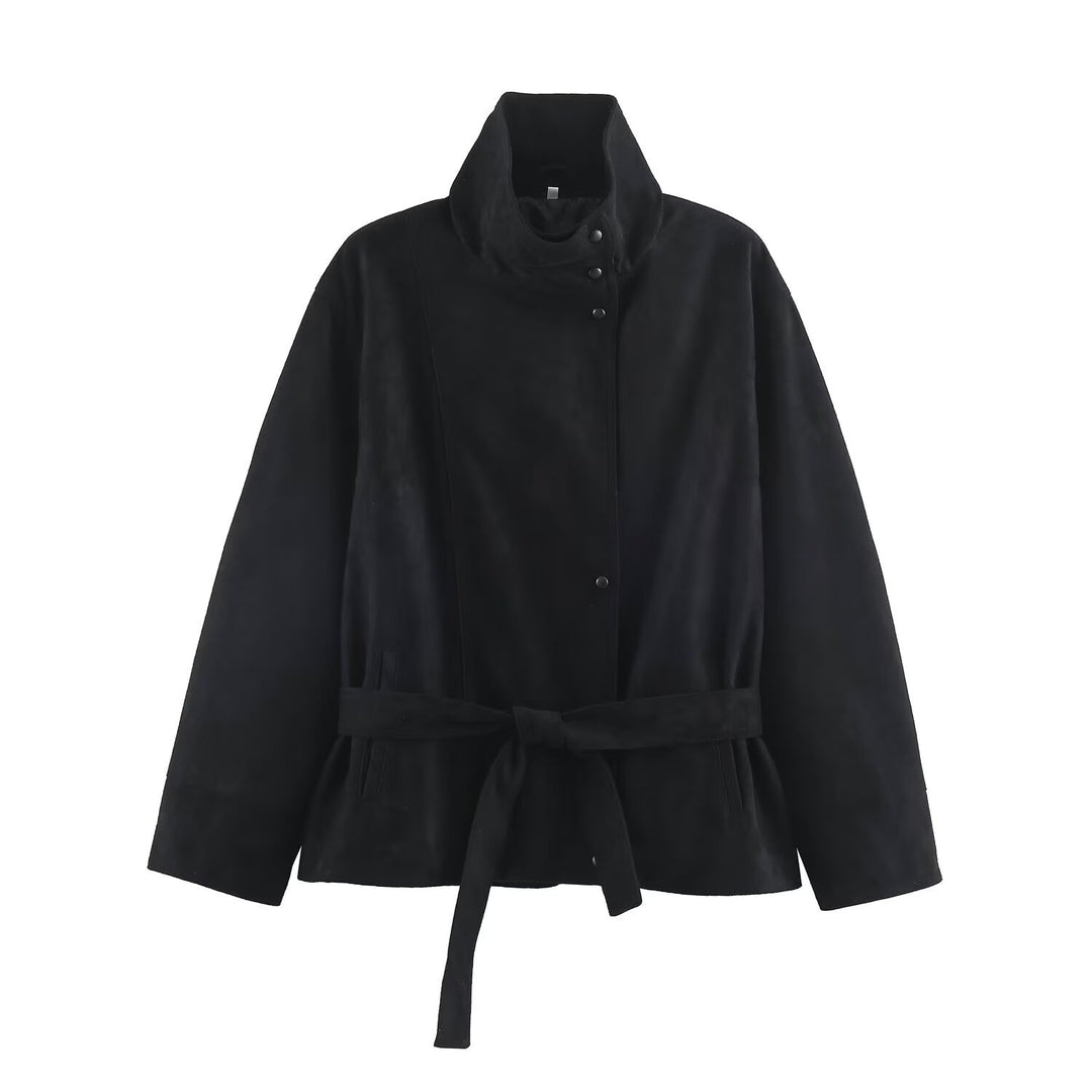 Damen Kurzjacke aus Velourslederoptik mit Stehkragen und Bindegürtel Drune