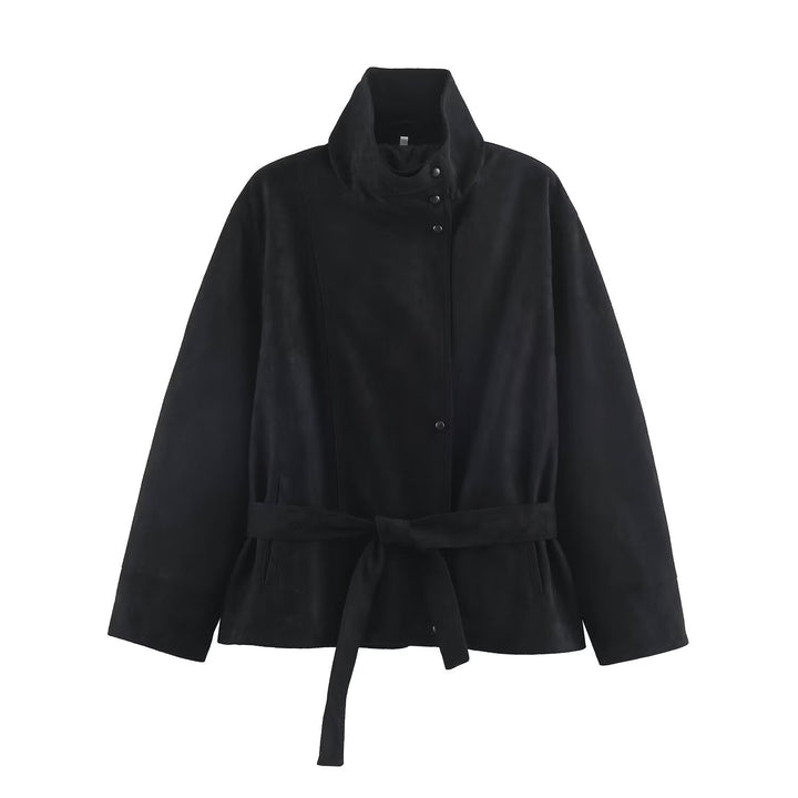 Damen Kurzjacke aus Velourslederoptik mit Stehkragen und Bindegürtel Drune