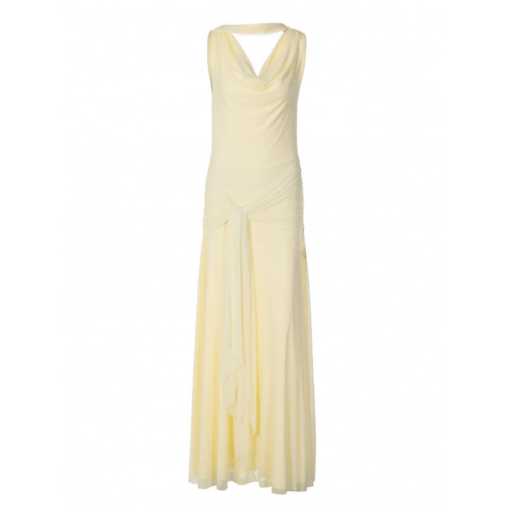 Damen schulterfreies Wickelmaxikleid mit drapiertem Oberteil und seitlichem Bindegürtel Drune