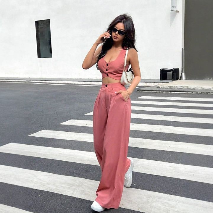 Damen Zweiteiliges Set mit tailliertem Top und weiten Hosen Drune