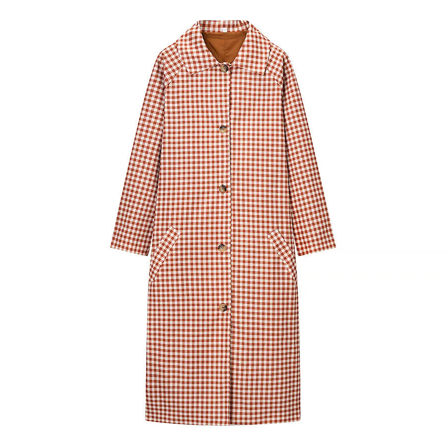 Damen nan karierter Midi-Trenchcoat mit Hemdkragen, durchgehender Knopfleiste und aufgesetzten Eingrifftaschen Drune