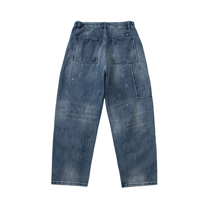 Damen Weit geschnittene High‑Waist Jeans mit Kordelzug, Farb‑Sprenkel und Used‑Waschung Drune