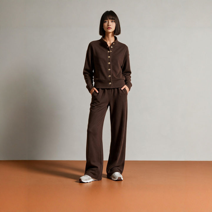 Damen Sweatjacke mit Druckknopfleiste, Stehkragen und weichem Lounge-Schnitt Drune