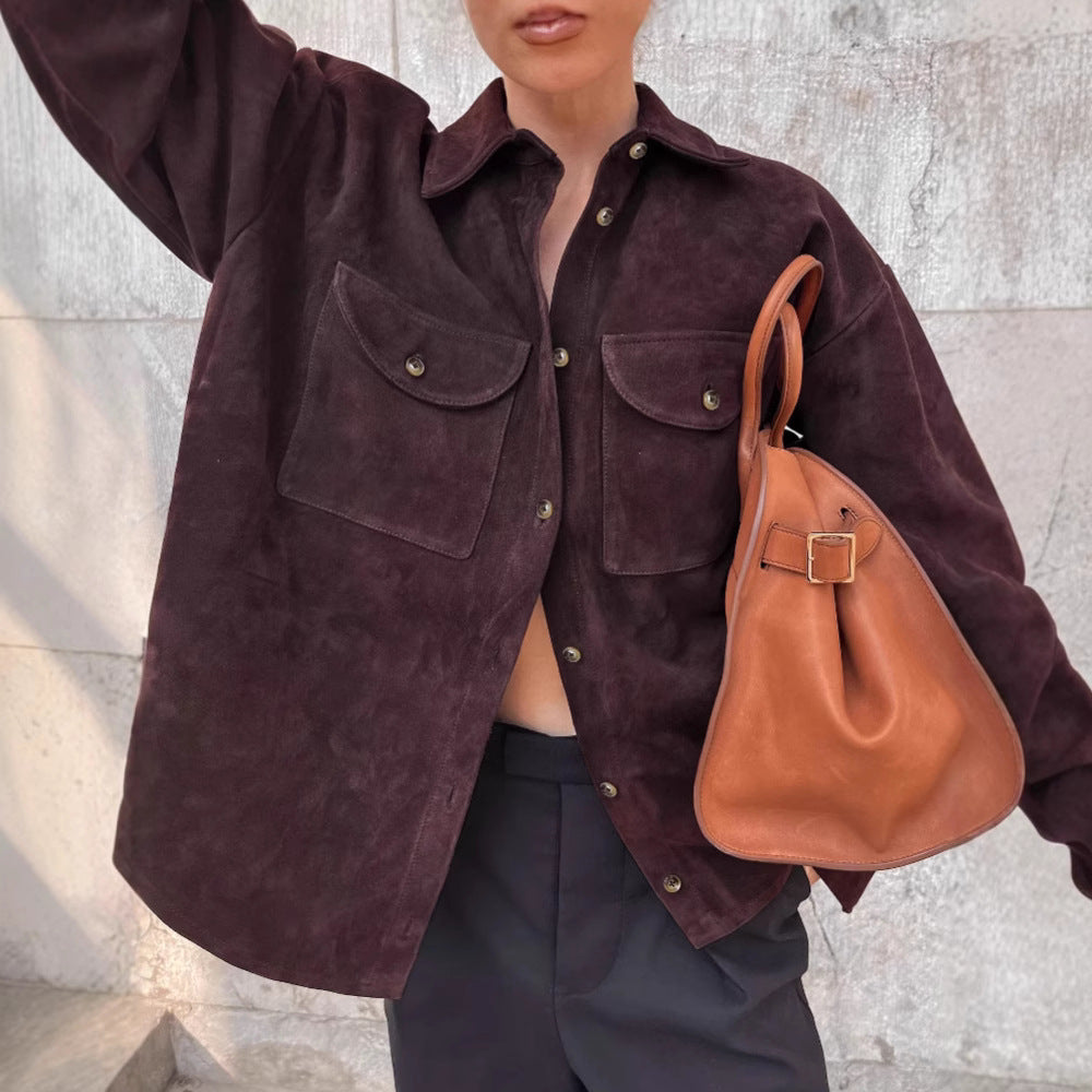 Damen Modische Suede Oversized Hemdjacke mit praktischen Taschen Drune
