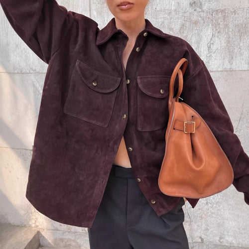 Damen Modische Suede Oversized Hemdjacke mit praktischen Taschen Drune