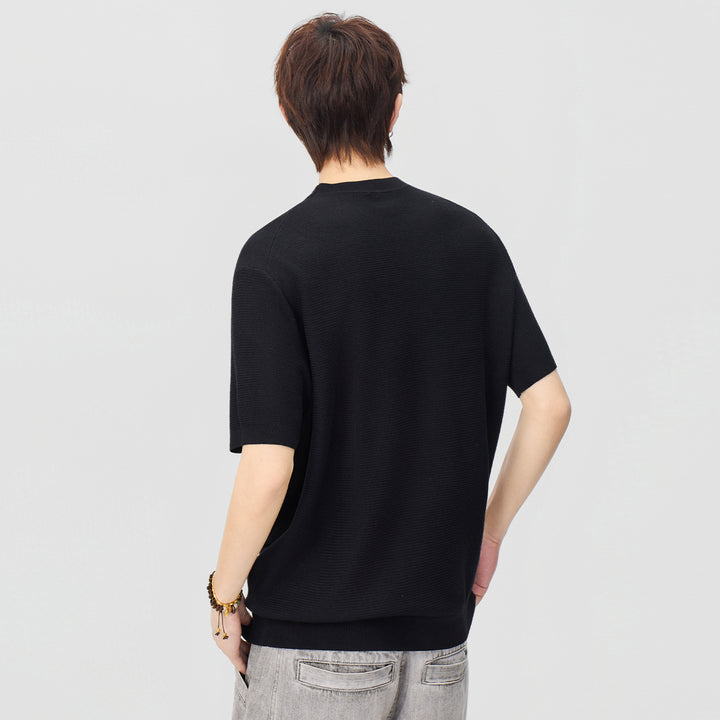 Herren Kurzarm-Strickshirt mit strukturierter Waffeloptik und V-Notch-Kragen Drune
