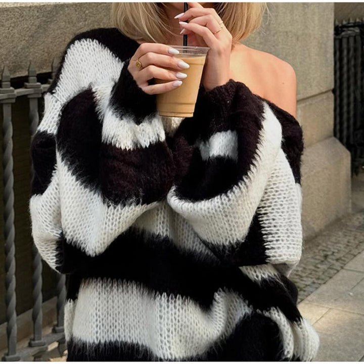 Damen Oversized Strickpullover mit breiten Streifen Drune