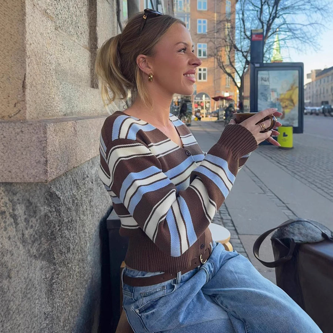 Damen Kurzgeschnittene gestreifte Strickjacke mit V-Ausschnitt und tailliertem Rippbund Drune