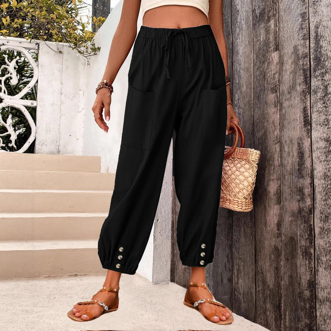 Damen Leinenlook Loungehosen mit hohem elastischem Taillenbund, Kordelzug, aufgesetzten Taschen und geknöpftem Saum Drune
