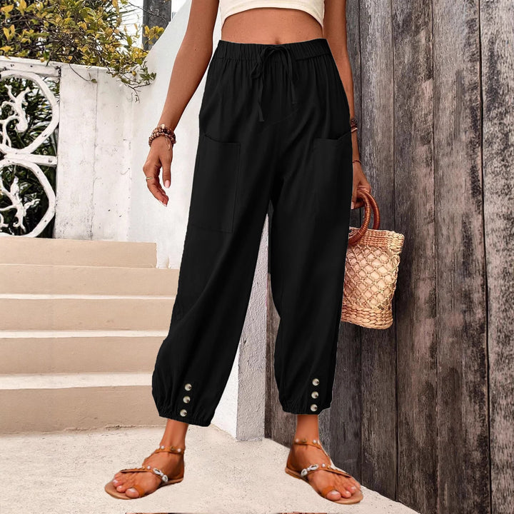 Damen Leinenlook Loungehosen mit hohem elastischem Taillenbund, Kordelzug, aufgesetzten Taschen und geknöpftem Saum Drune