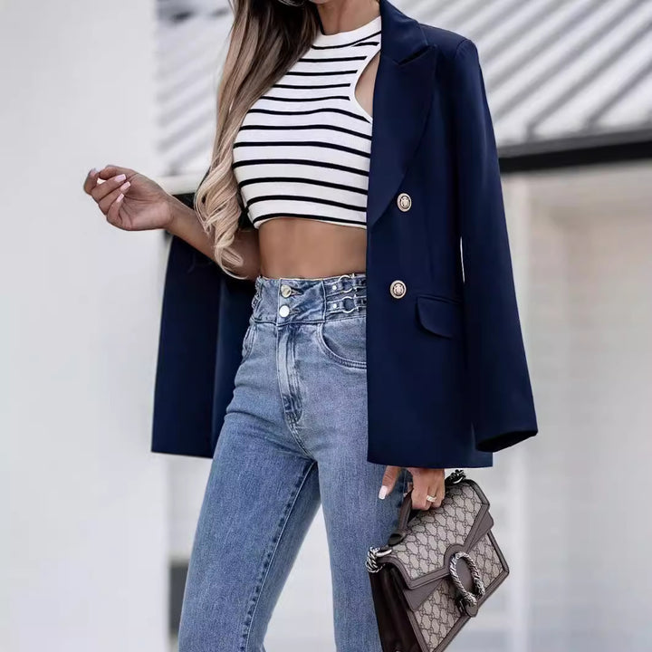 Damen elegante leichte Blazerjacke mit weiten Ärmeln und doppelter Knopfleiste Drune