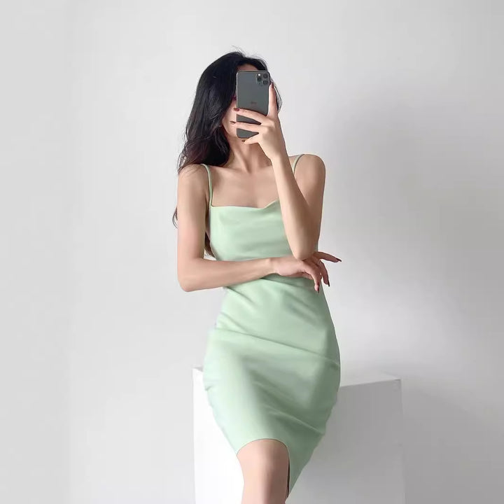Damen elegantes Spaghettiträger-Kleid Drune