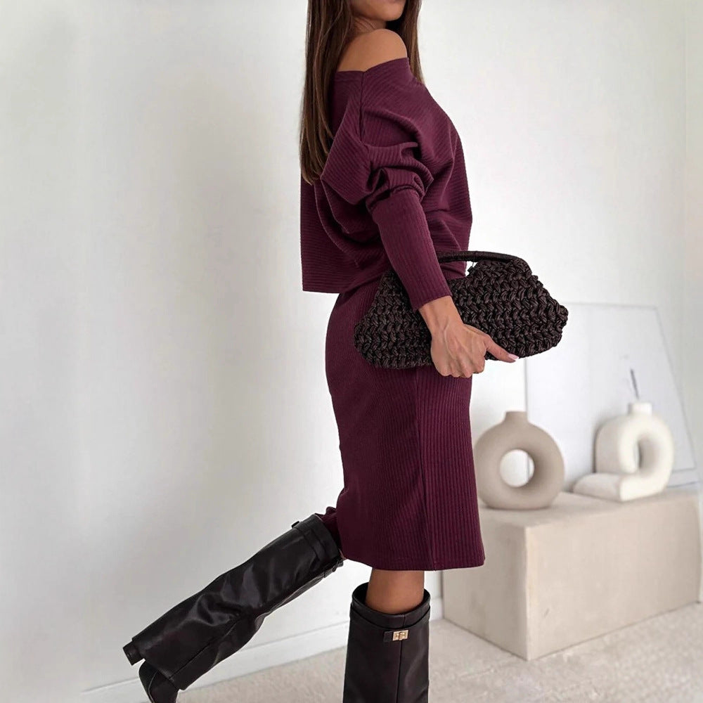 Damen Zweisitiges geripptes Strick-Set mit Off-Shoulder-Oversize-Pullover und tailliertem Midirock mit Seitenschlitz Drune