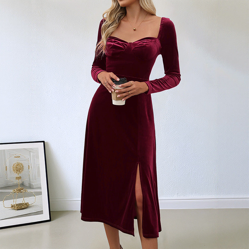 Damen Elegantes Samt-Midikleid mit Schulterpolstern und Schlitz Drune