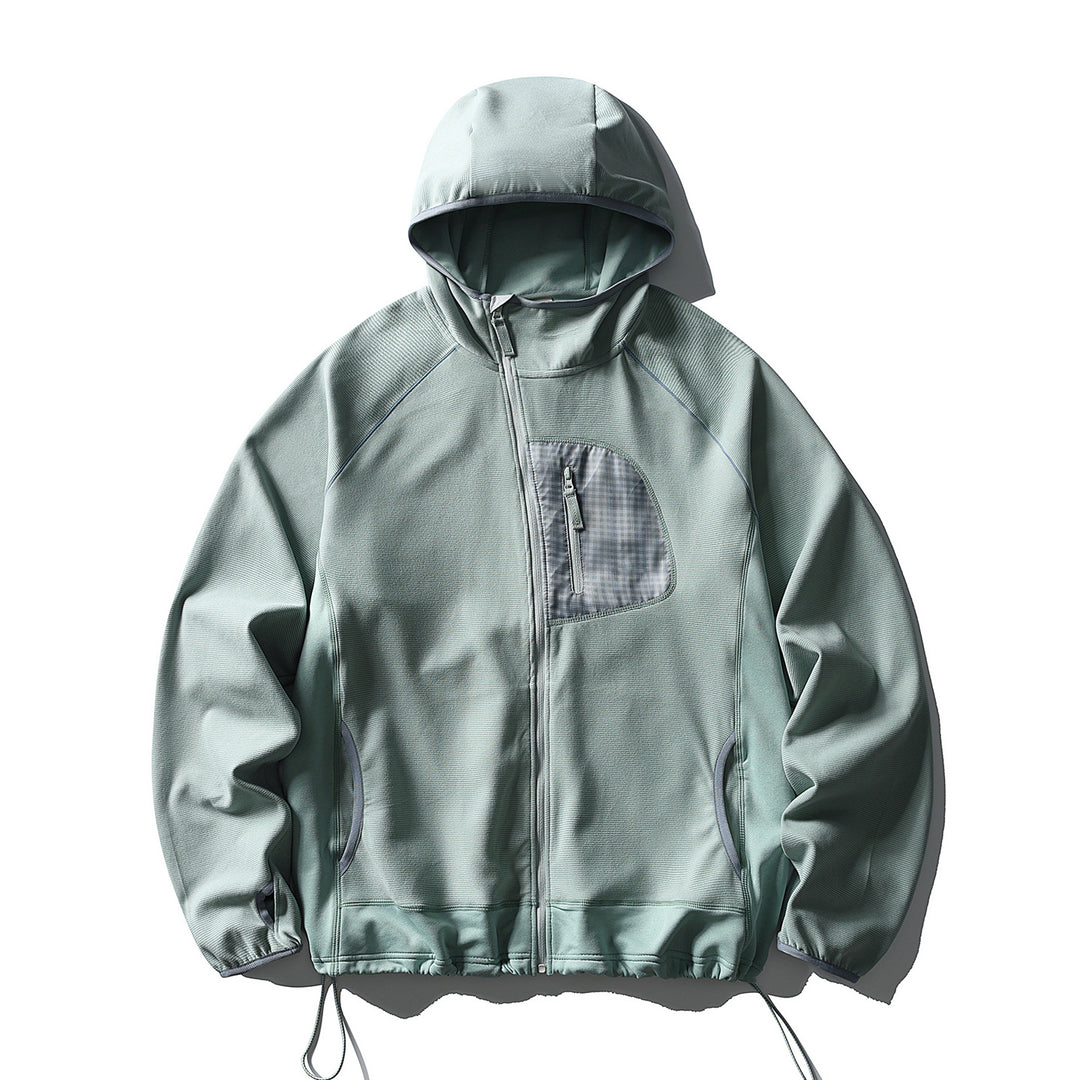 Unisex Leichte Tech-Fleece Kapuzenjacke mit Frontreißverschluss, Brust-Zip-Tasche und Kordelzugsaum Drune