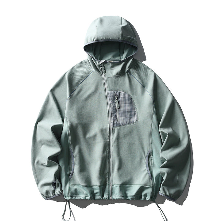 Unisex Leichte Tech-Fleece Kapuzenjacke mit Frontreißverschluss, Brust-Zip-Tasche und Kordelzugsaum Drune