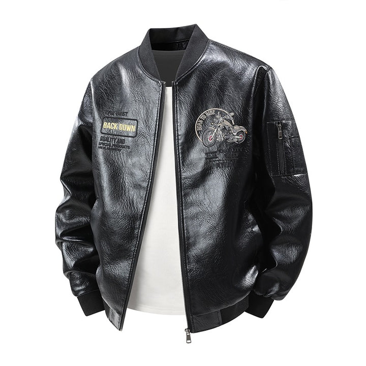Herren Modische Kunstleder-Bomberjacke mit detaillierten Stickereien Drune
