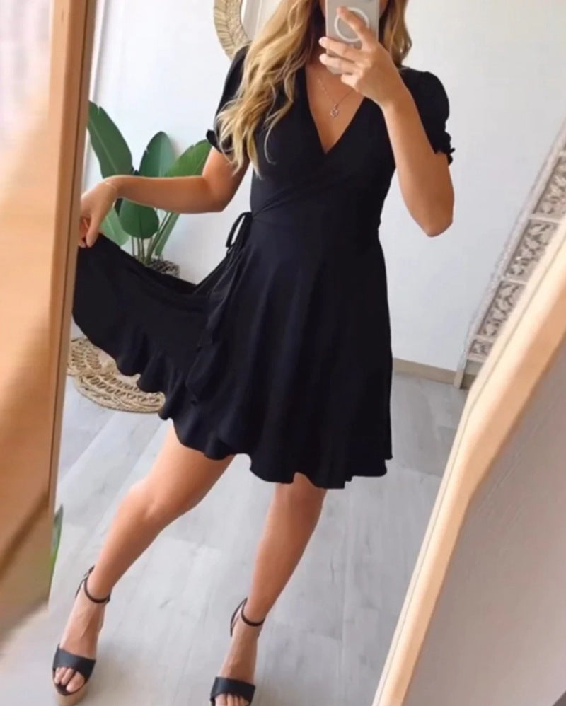 Damen nan leichtes Wickelkleid mit V-Ausschnitt, Kurzärmeln, Taillenband und Volantrock Drune
