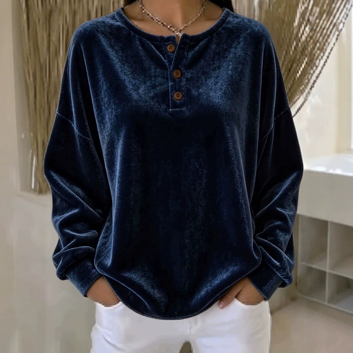 Damen Lässiges Oversize Samt-Henleyshirt mit Knopfleiste Drune