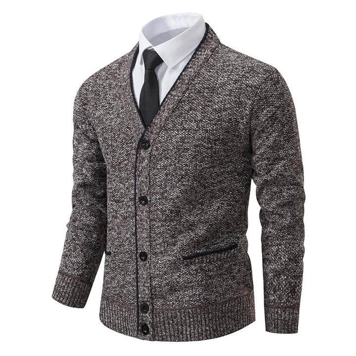 Herren nan melierter Strukturstrick-Cardigan mit V-Ausschnitt, Kontrastkanten und aufgesetzten Taschen Drune