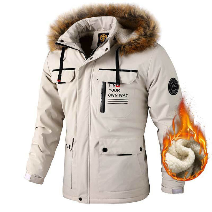 Herren nan wasserdichter Winterparka mit Teddyfutter, abnehmbarer Kunstfellkapuze und multifunktionalen Reißverschluss- und Klappentaschen Drune