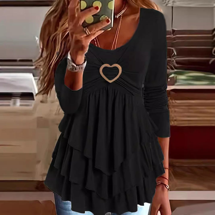 Damen Lagenlook-Tunika mit herzförmiger Zierschnalle und gerafftem Dekolleté Drune