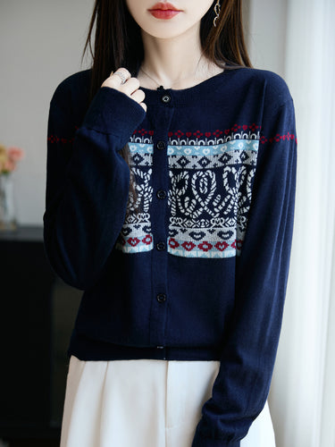 Damen Leichter Feinstrick-Cardigan mit nordischem Jacquardmuster und feiner Knopfleiste Drune