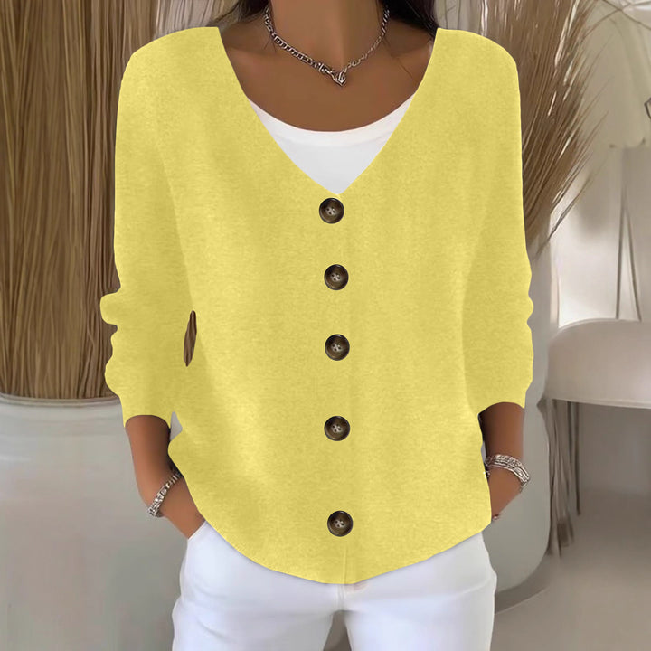 Damen Lockerer V-Ausschnitt Feinstrick-Cardigan mit Holzknopfleiste Drune
