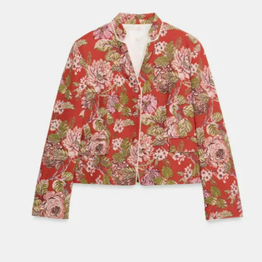 Damen Cropped Jacquard‑Blouson mit Mandarinkragen und floraler Brokatstruktur Drune