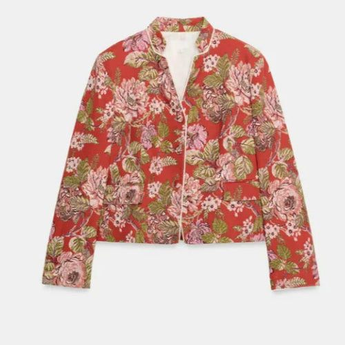 Damen Cropped Jacquard‑Blouson mit Mandarinkragen und floraler Brokatstruktur Drune