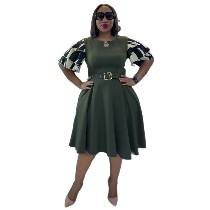 Damen A-Linien Kleid mit eleganten Puffärmeln und Gürtel Drune