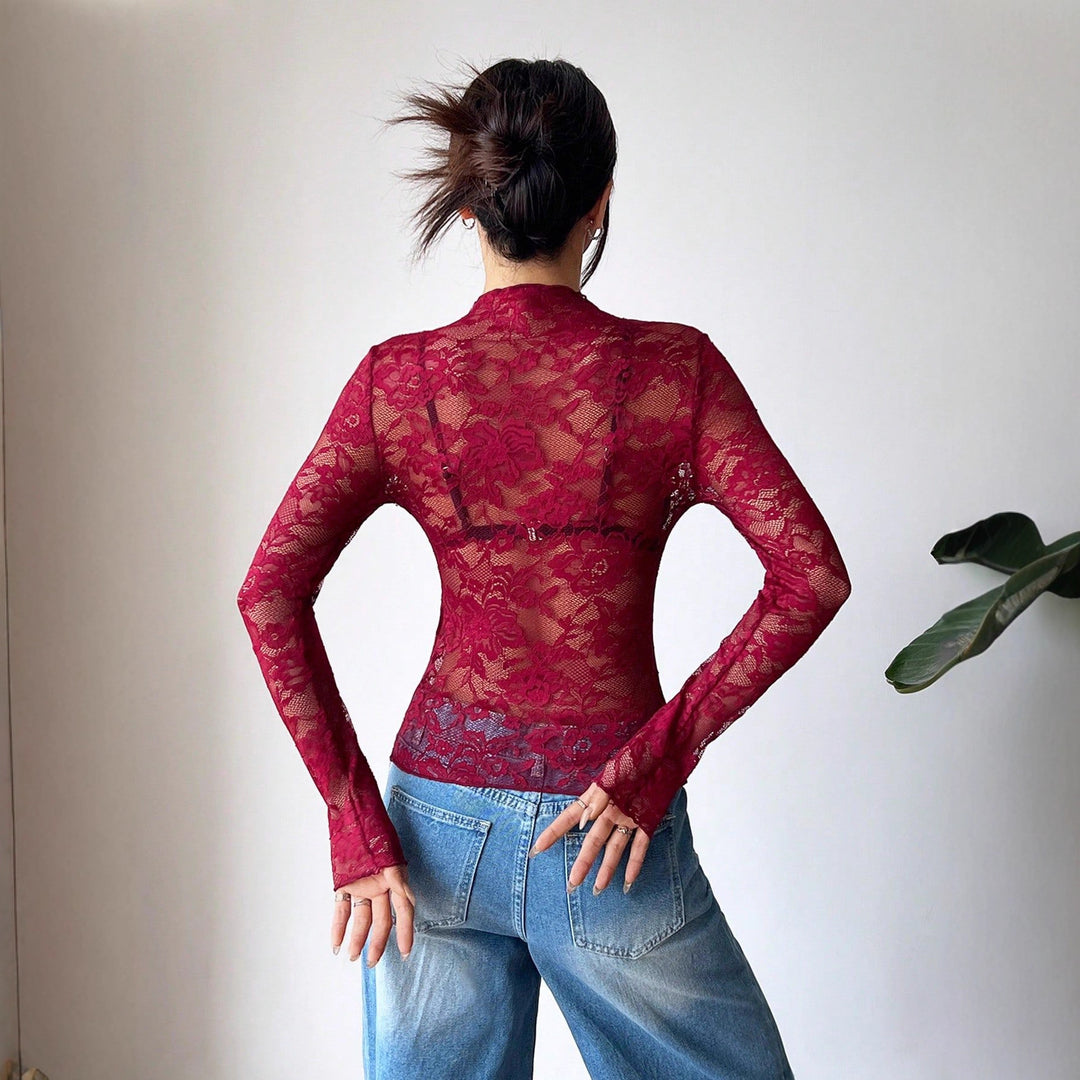 Damen nan figurbetontes transparentes Spitzen-Crop-Top mit hochgeschlossenem Kragen und integrierter Bustier-Form Drune