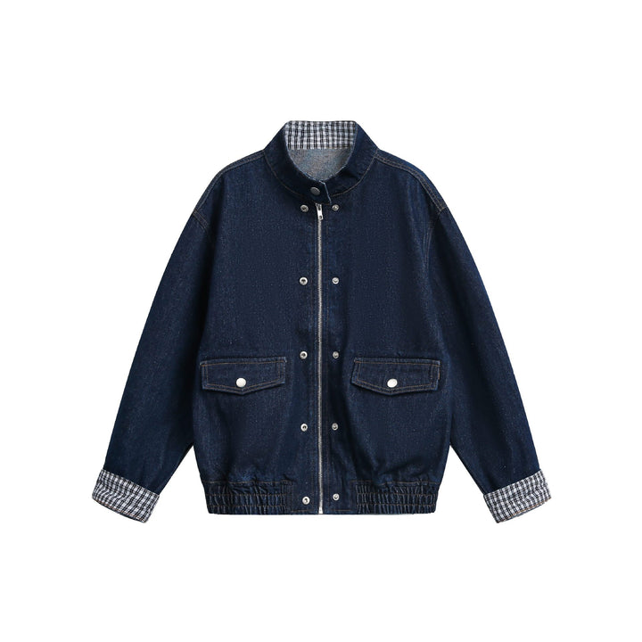 Damen Oversize-Denimjacke mit Stehkragen und Karo-Futter Drune