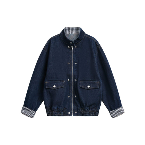 Damen Oversize-Denimjacke mit Stehkragen und Karo-Futter Drune