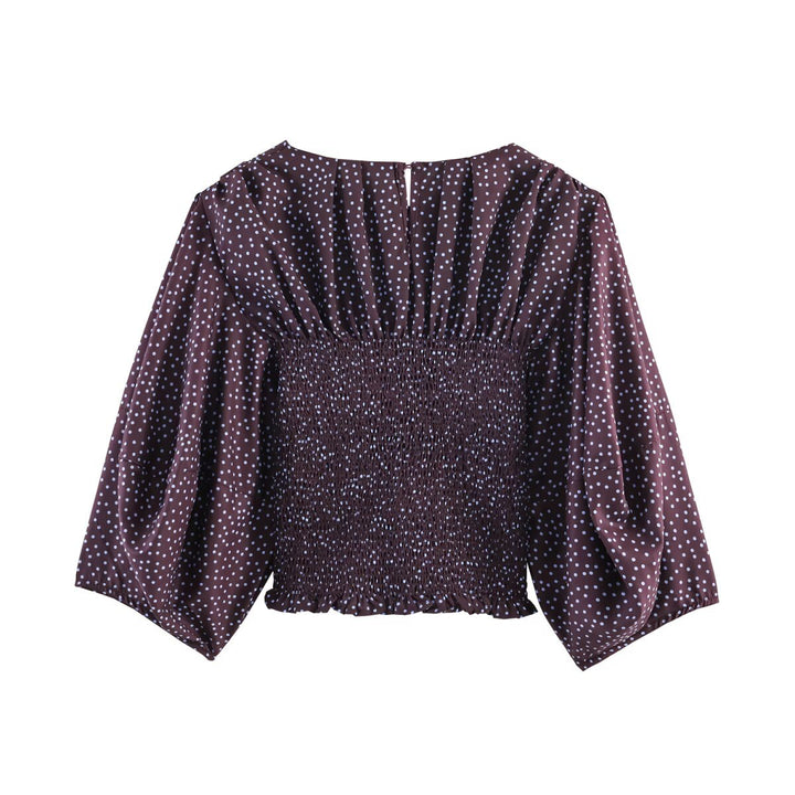 Damen Gepunktete Carmen-Bluse mit Smok-Taille und voluminösen Ballonärmeln Drune
